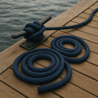 Coiled blue rope on wooden dock by water.