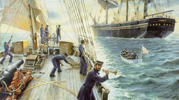 Sailors on ship deck signaling nearby vessel