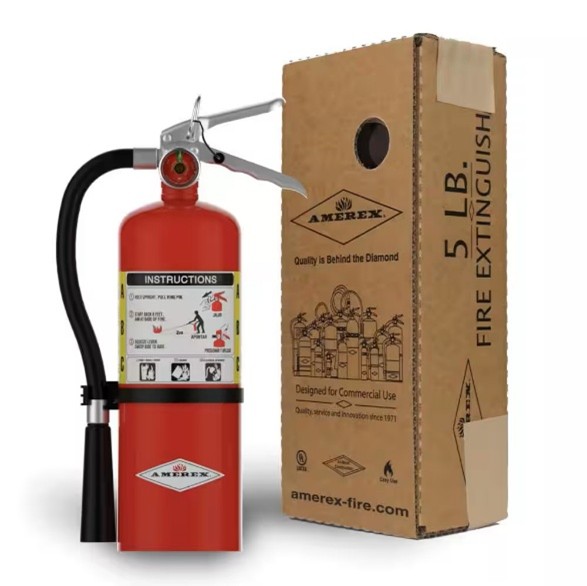 5 lb fire extinguisher with instructions and box.