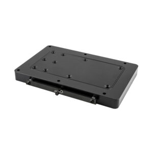 Black mounting bracket with holes and latch.