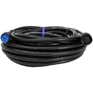 Coiled black electrical cable with connectors.