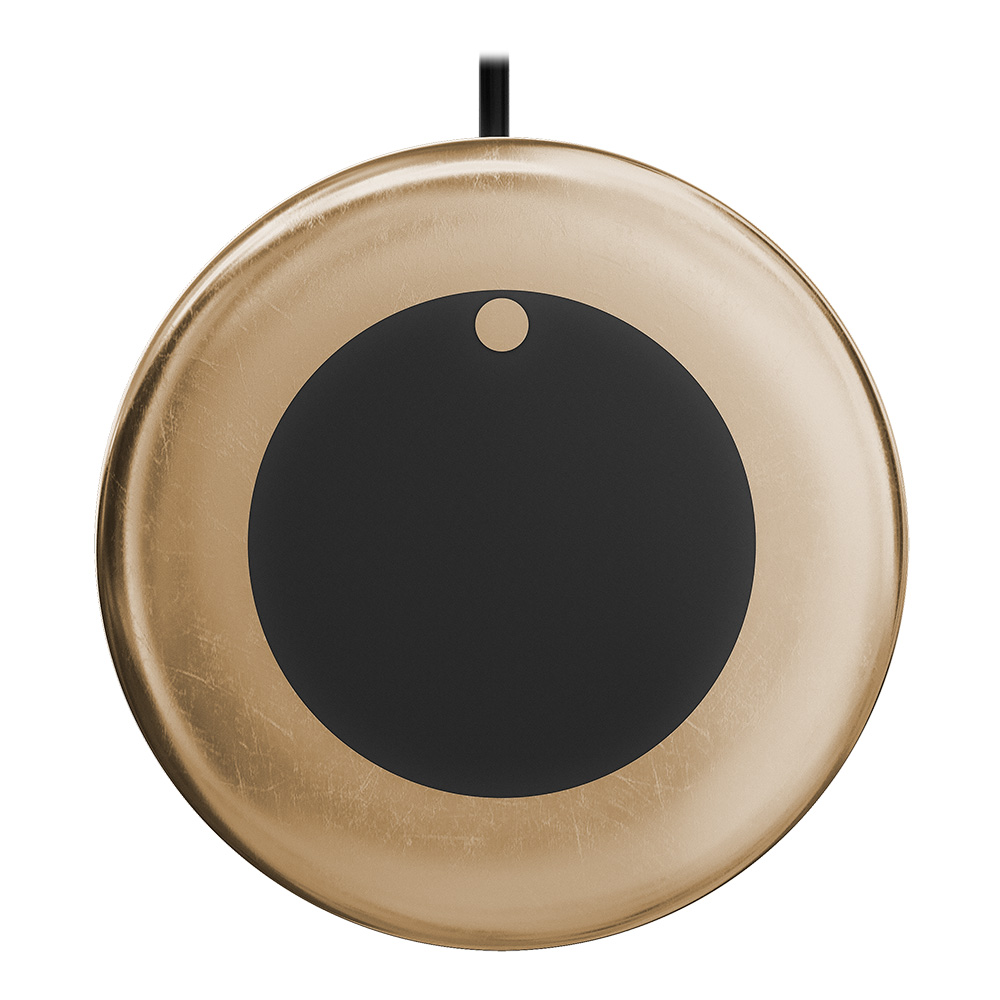 Round gold-edged black smart home device