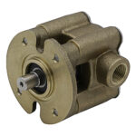 Bronze water pump with threaded inlet and outlet.