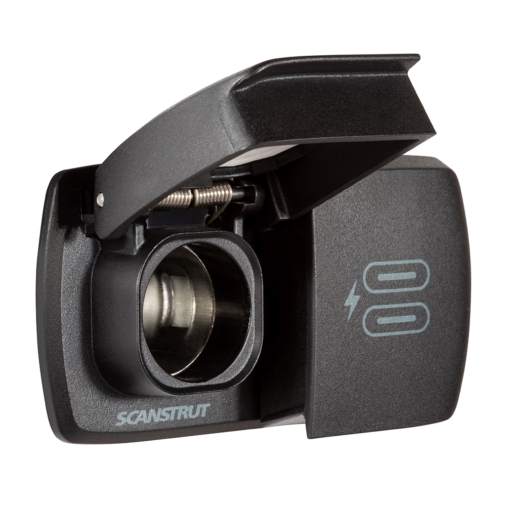 Black open electrical outlet with spring mechanism