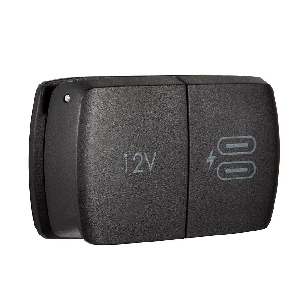 12V dual USB charging port, black.