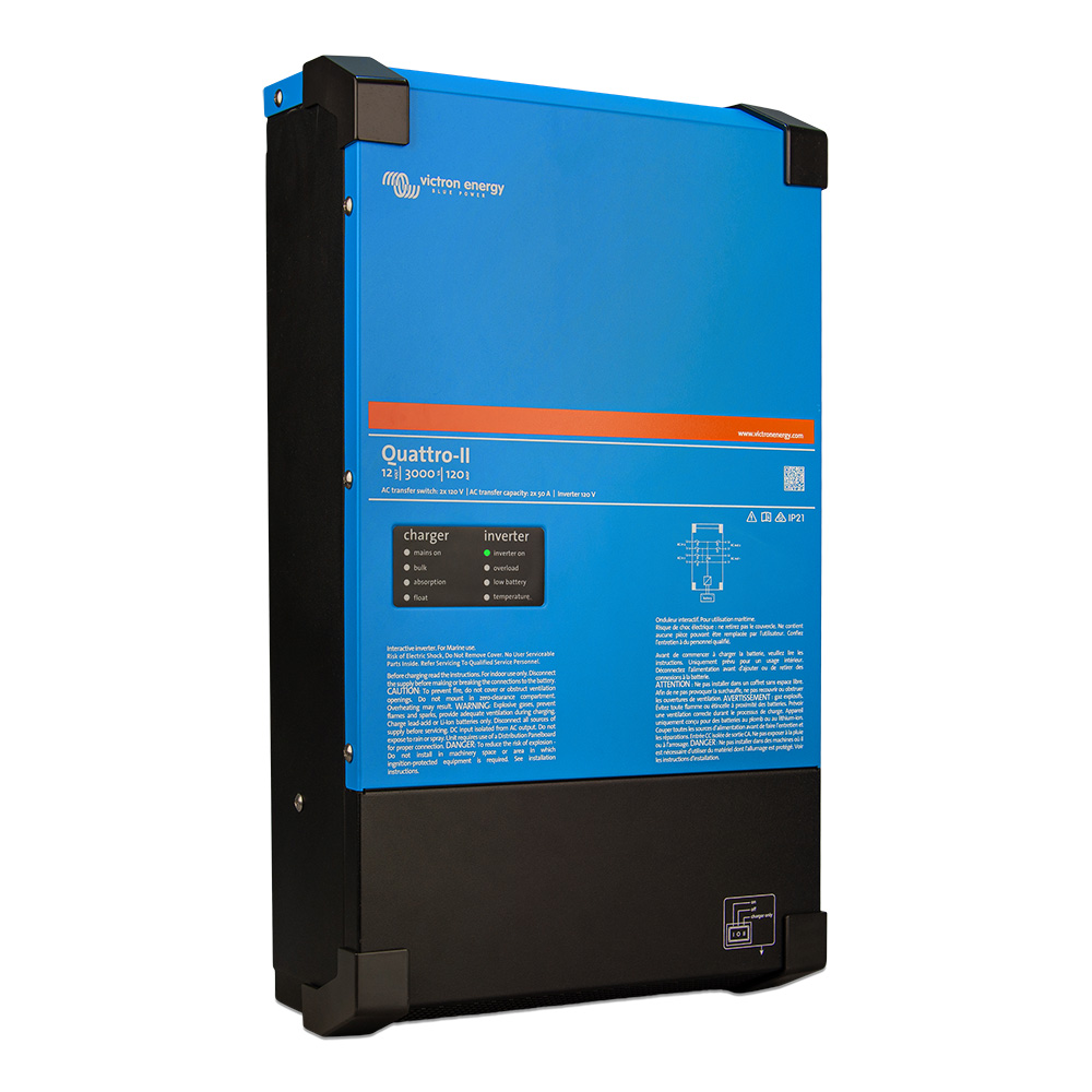 Victron Energy Quattro-II inverter charger, blue box.