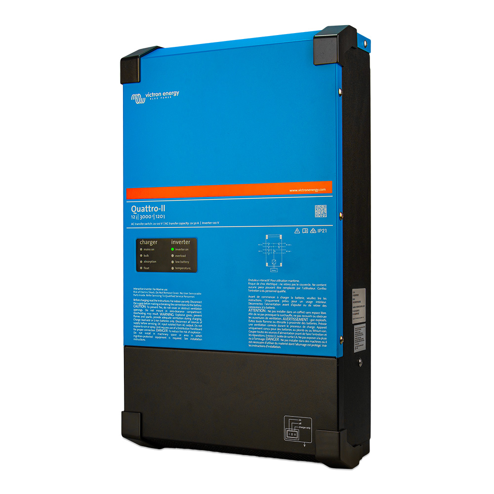 Blue Victron Energy Quattro-II inverter on white background.