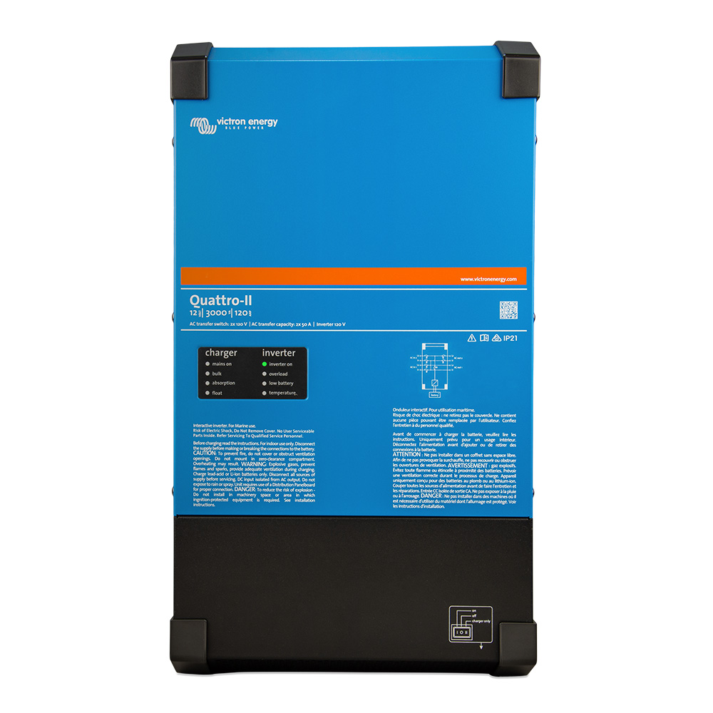 Victron Energy Quattro-II inverter charger front view.