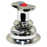 Chrome water faucet handle with blue and red buttons.