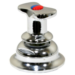 Chrome water faucet handle with blue and red buttons.