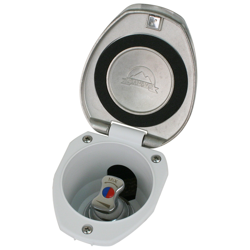Outdoor RV shower faucet with cover open.