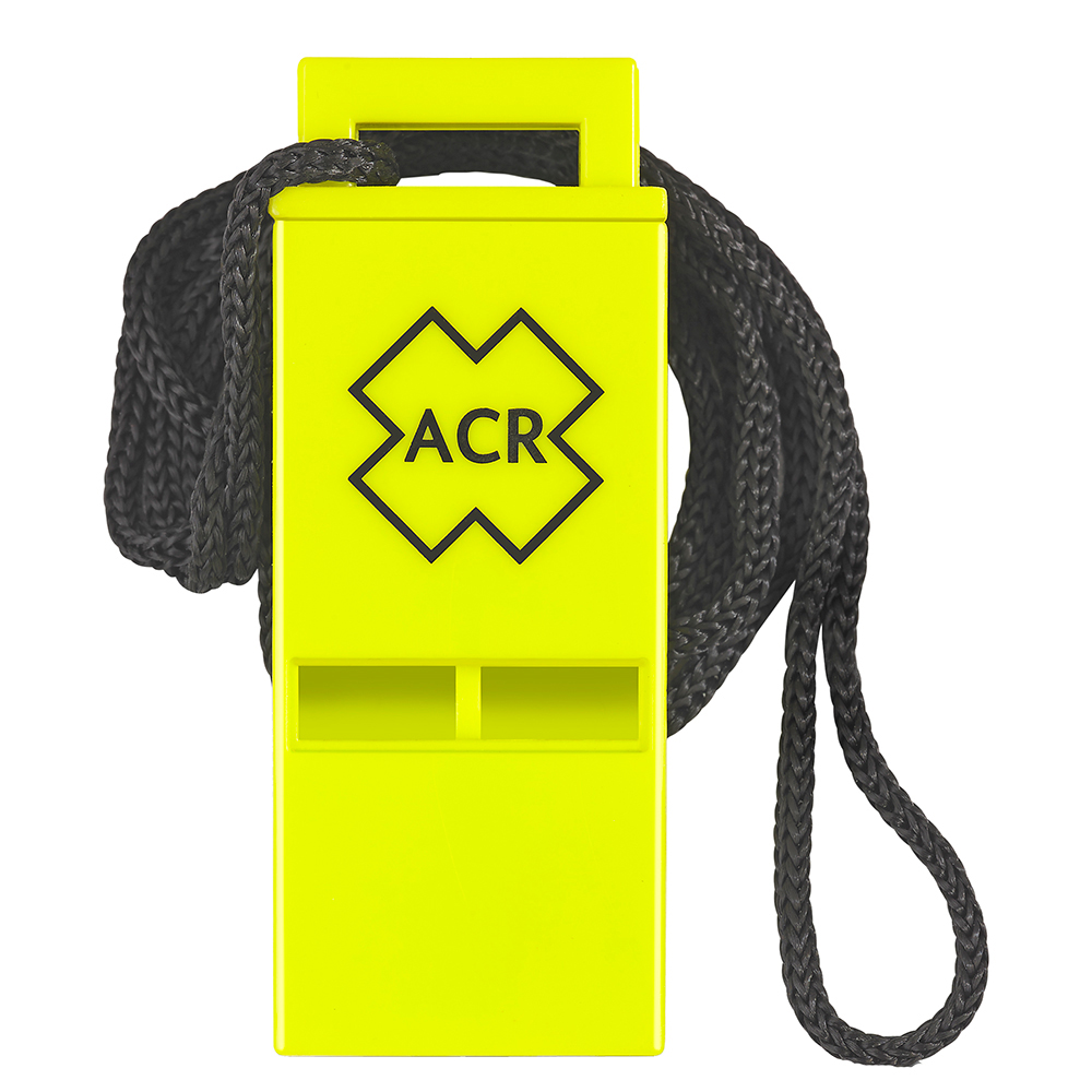 Yellow emergency whistle with ACR logo.