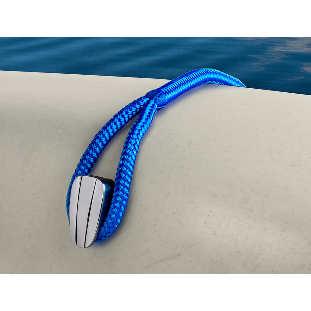 Blue rope with metal clip on surface