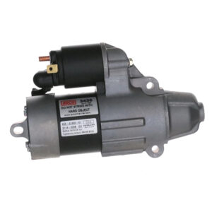 Marine engine starter motor with specifications labels.