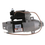 Automotive starter motor, side view with labels.