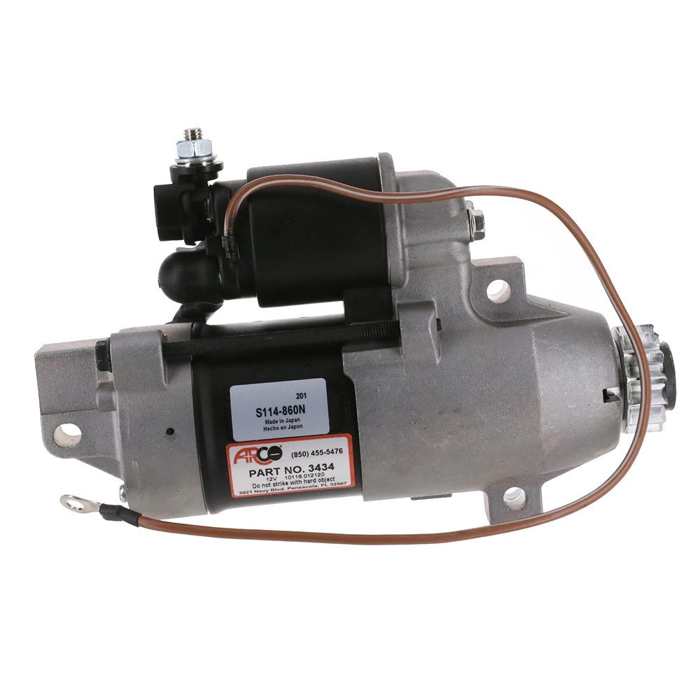 Automotive starter motor, side view with labels.