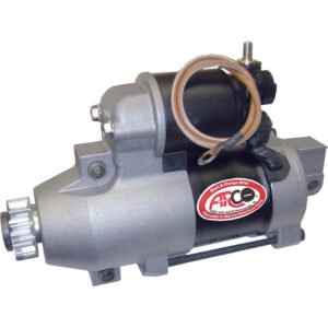 Marine engine starter, silver and black with label.