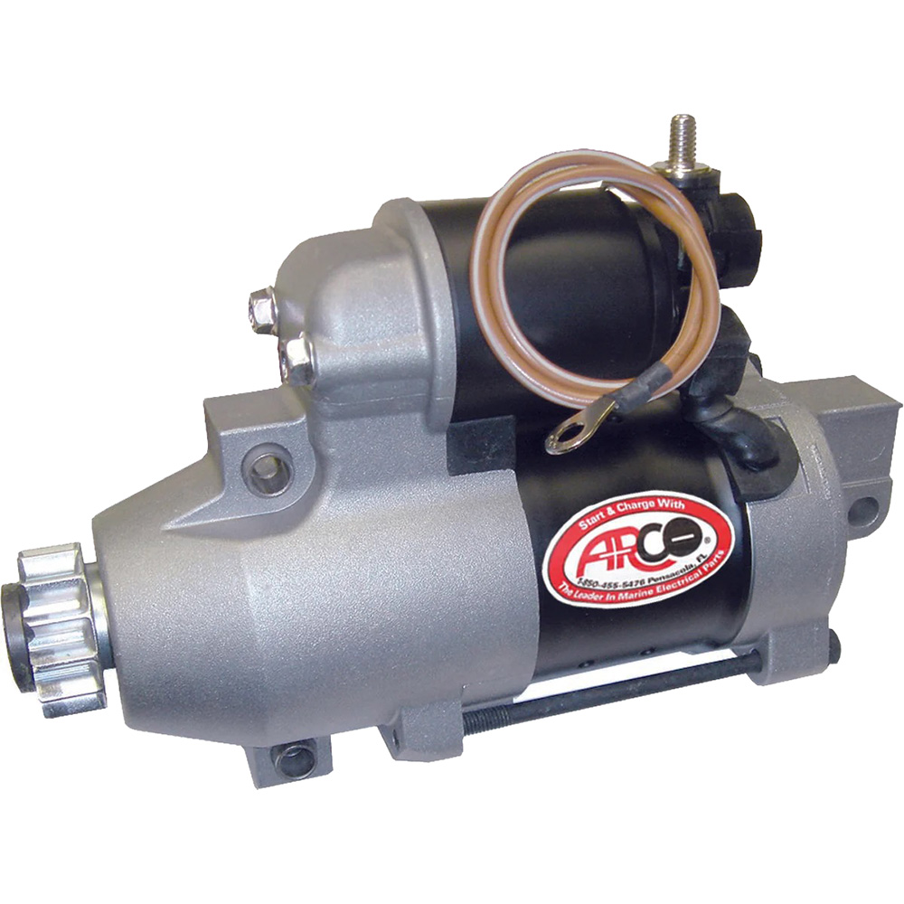 Marine engine starter, silver and black with label.