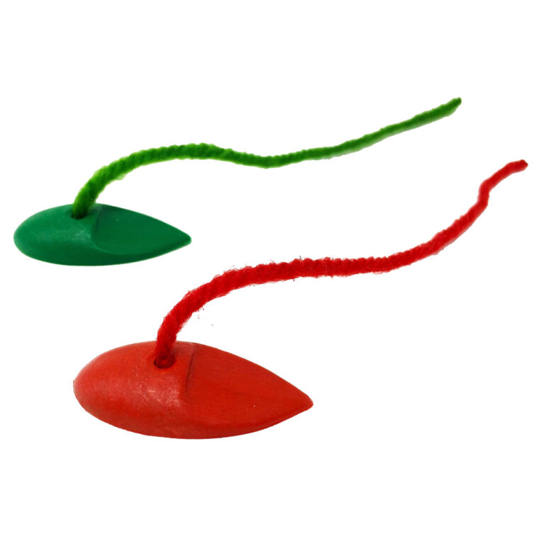 Red and green toy mice with tails.
