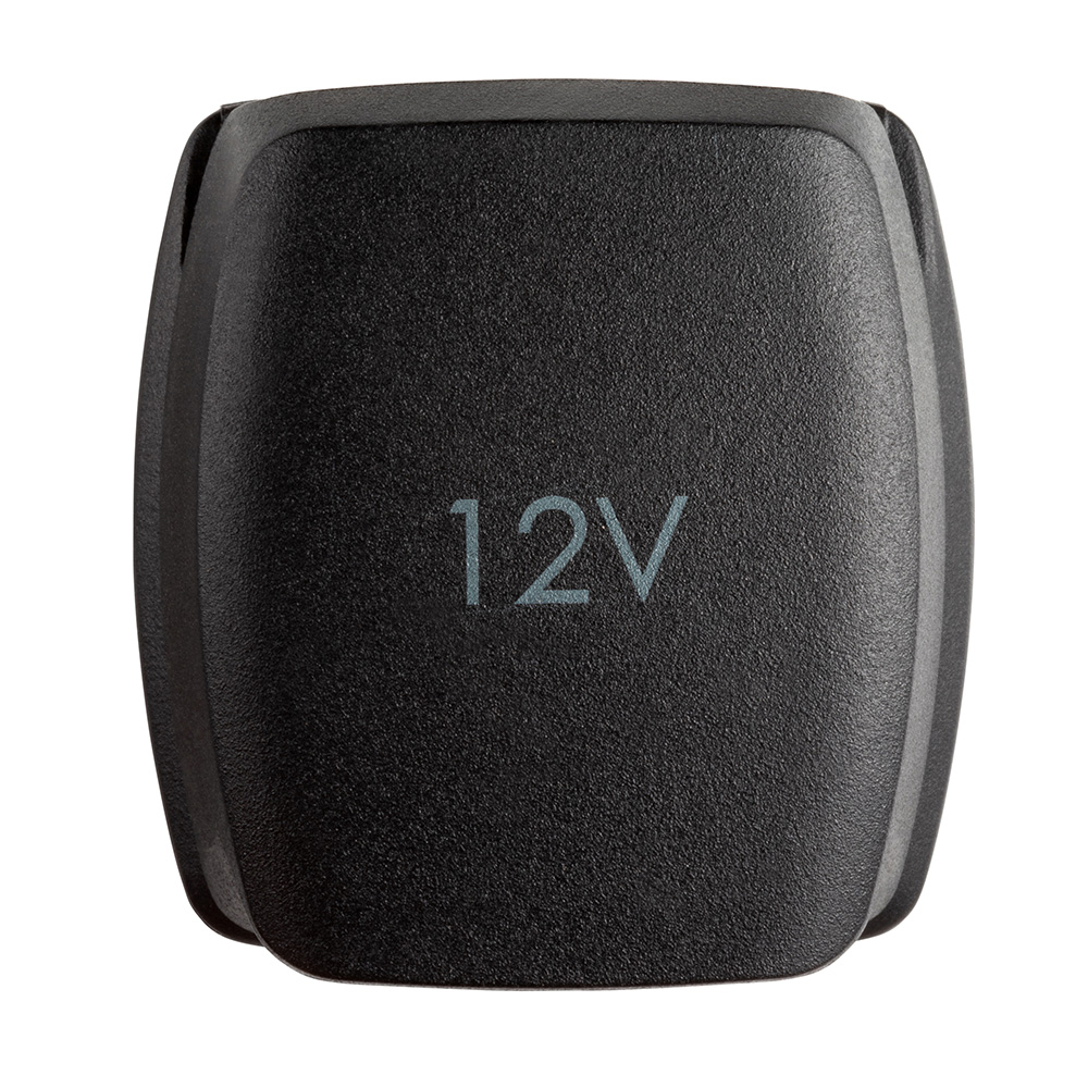 Black 12V battery cover with textured surface.