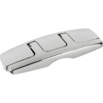 Chrome metal refrigerator handle close-up view.