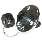 Black boat fuel deck fill with cap and chain.