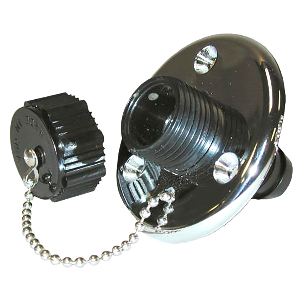 Black boat fuel deck fill with cap and chain.