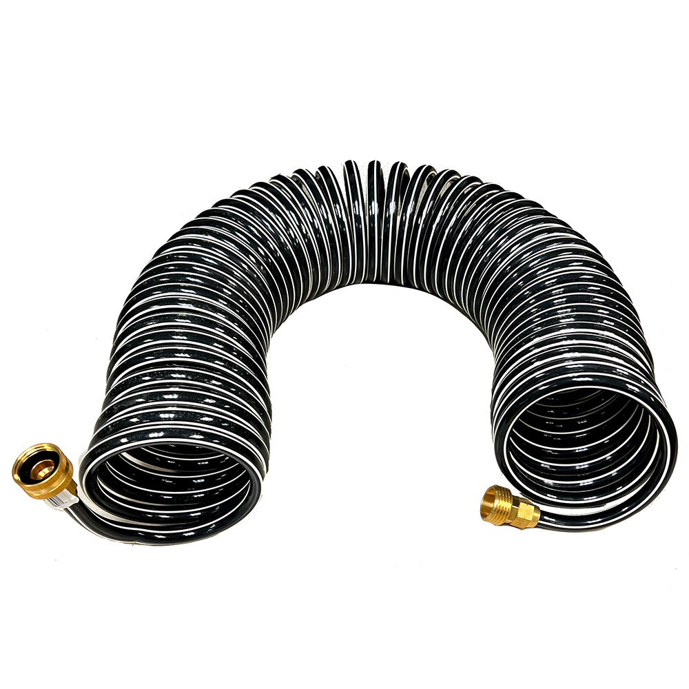 Flexible black and white coiled garden hose
