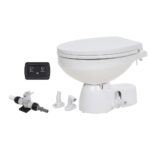 Marine toilet with components and control panel.