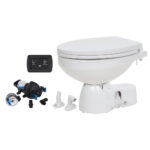 Marine toilet with installation accessories and flush panel.
