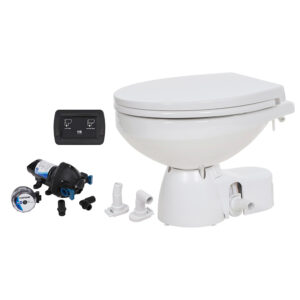 Marine toilet with installation accessories and flush panel.
