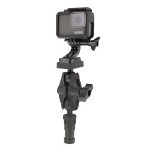 Action camera mounted on versatile clamp.