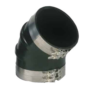 Flexible pipe coupling with metal clamps.