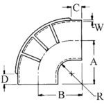 Diagram of elbow pipe dimensions with labeled measurements.