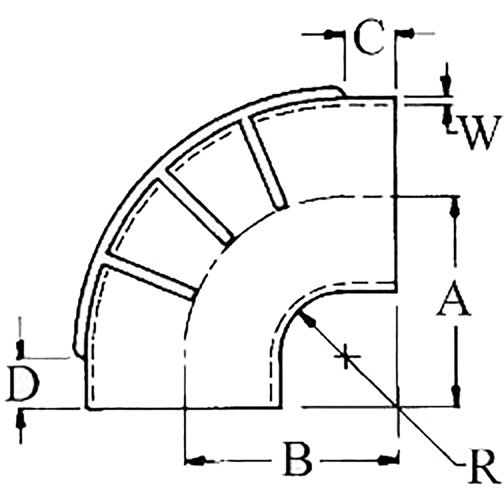 Diagram of elbow pipe dimensions with labeled measurements.