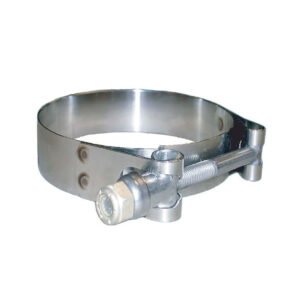Stainless steel T-bolt clamp for hoses and pipes.