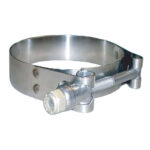 Stainless steel T-bolt clamp for secure connections.