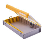Open plastic toolbox with yellow handle and compartments.