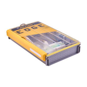 Plano Edge tackle box with compartments and baits.