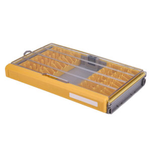 Yellow plastic storage box with compartments.