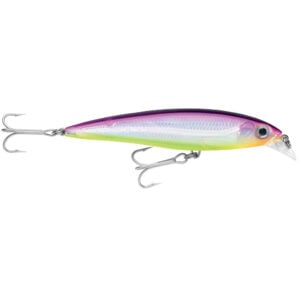 Colorful fishing lure with treble hooks.