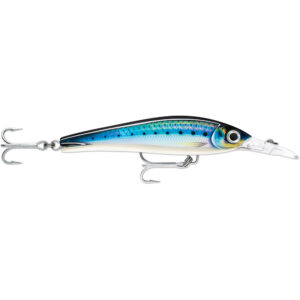 Colorful fishing lure with treble hooks.