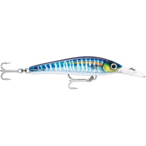 Colorful fishing lure with treble hooks and design.