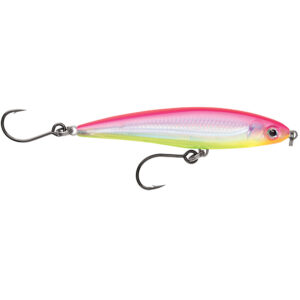 Colorful fishing lure with two hooks.