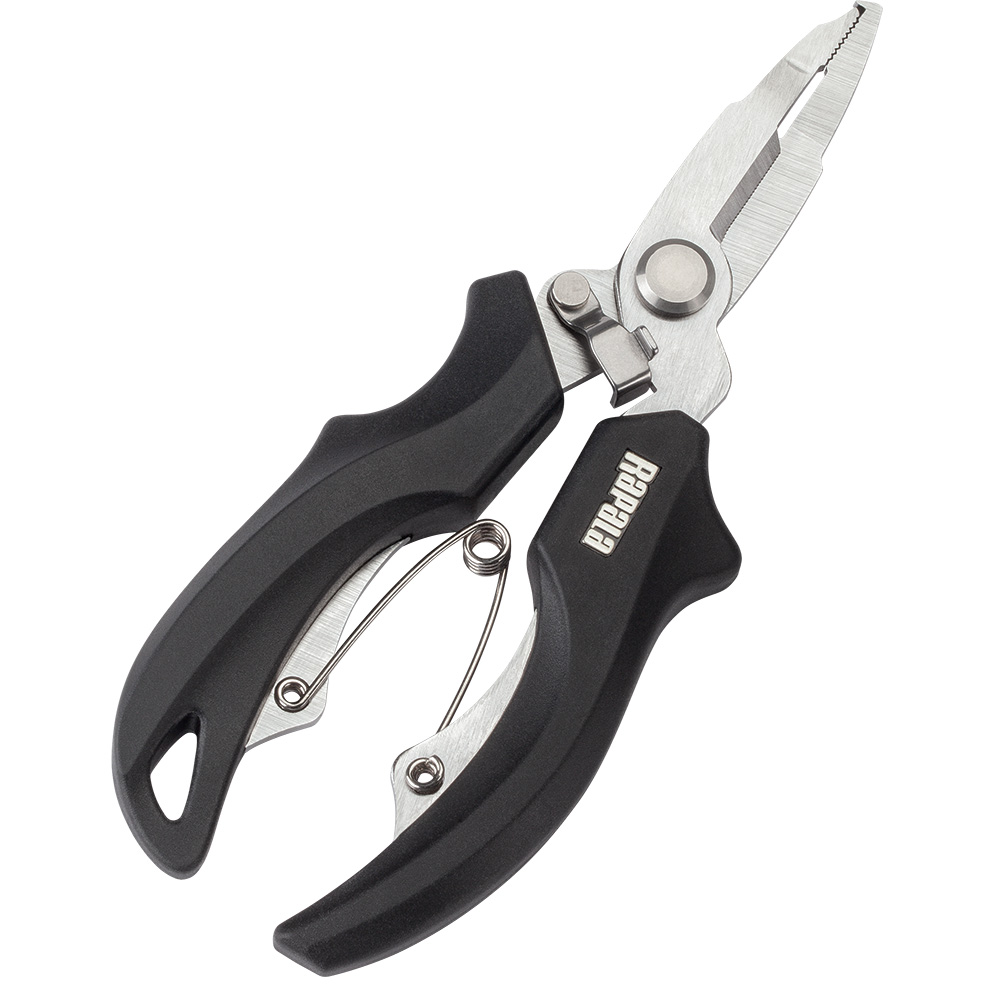 Black and silver fishing pliers with cutter.