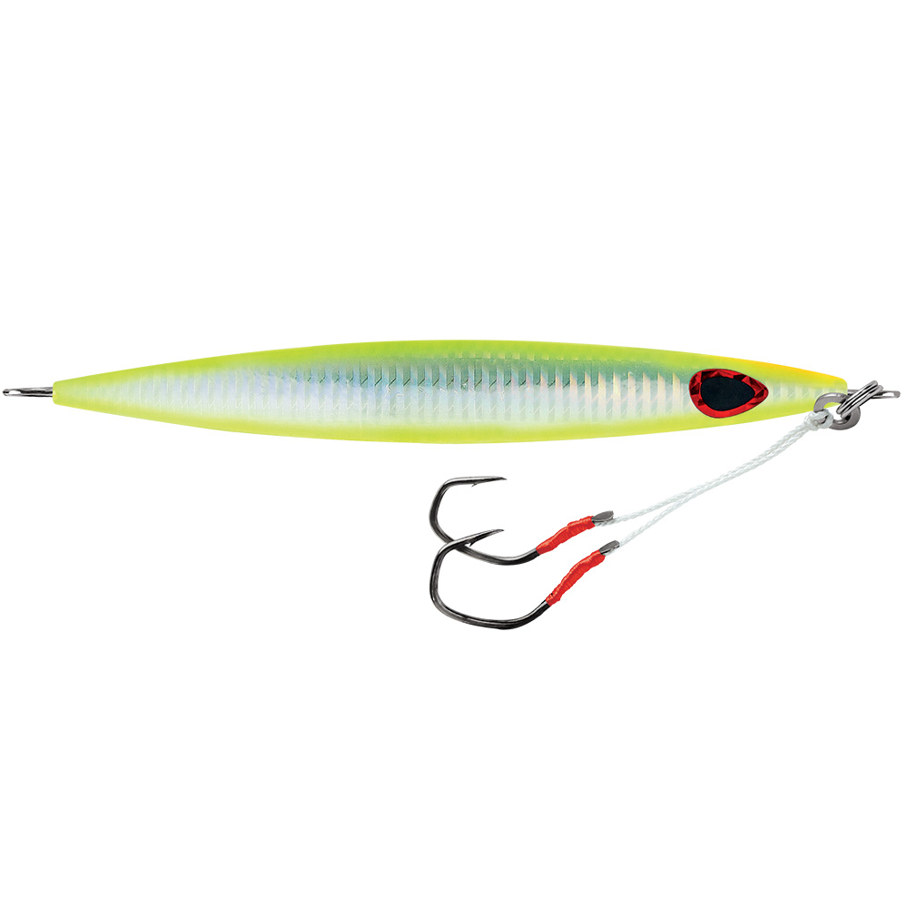 Colorful fishing lure with hooks attached.