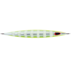 Fishing lure with striped pattern and hooks.