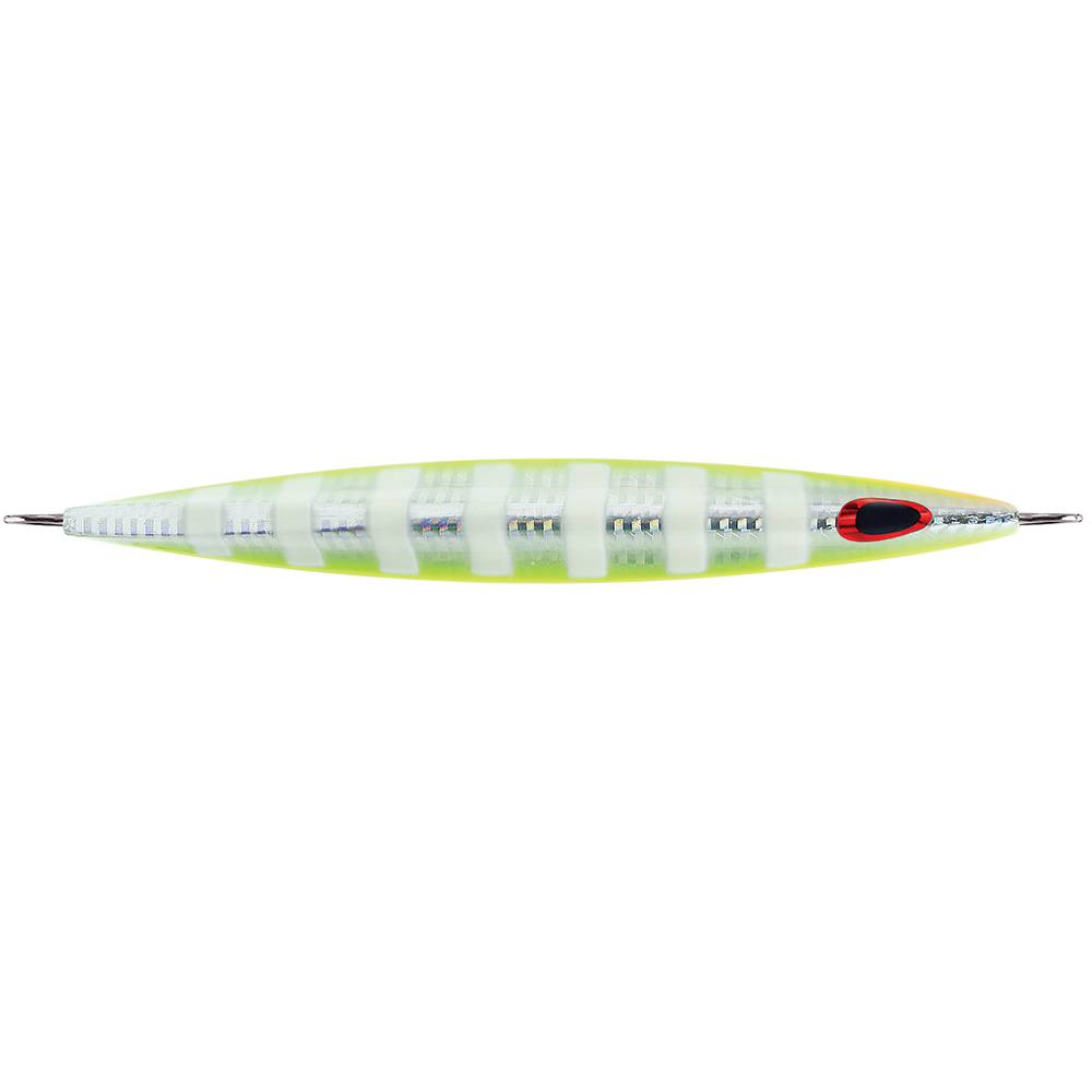 Fishing lure with striped pattern and hooks.