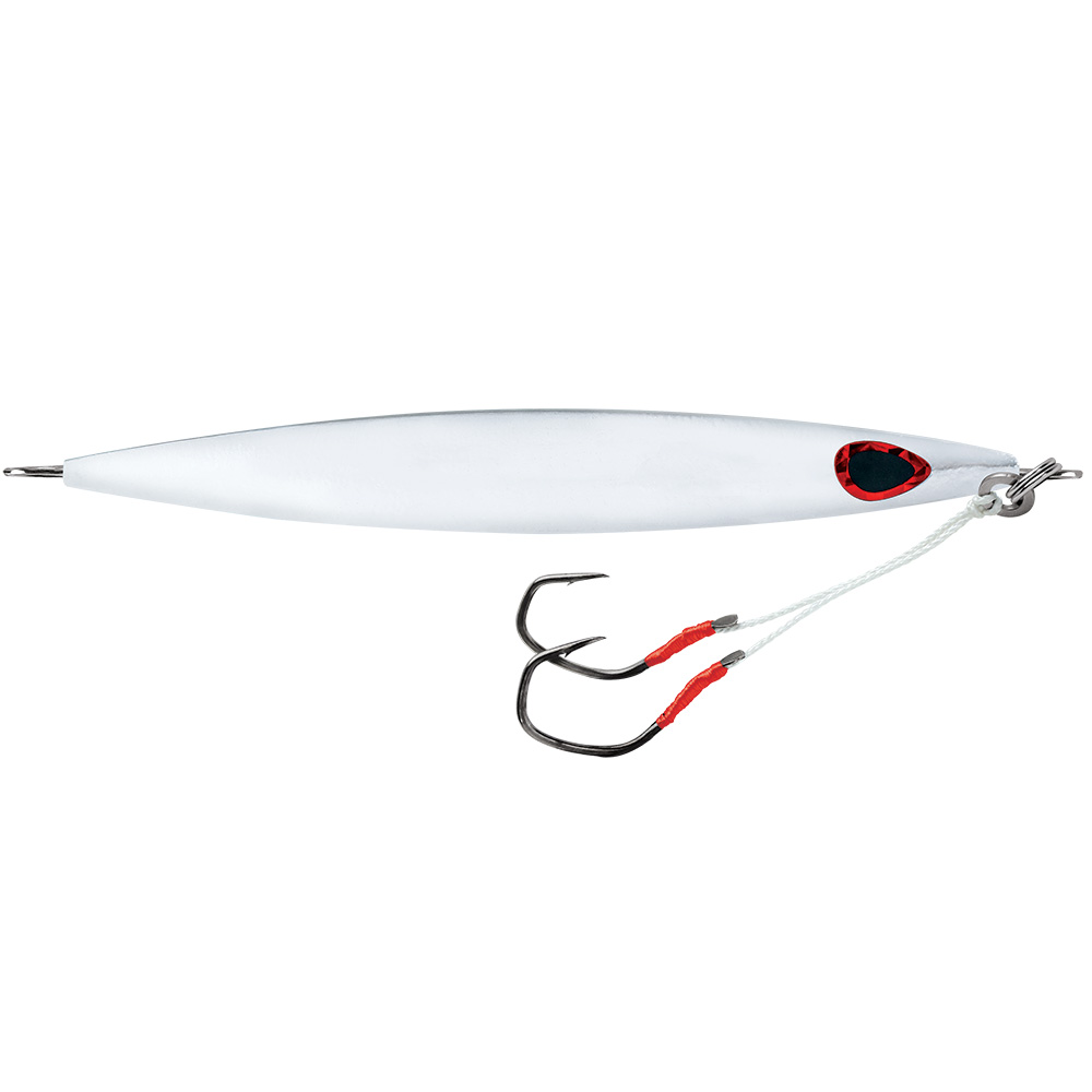 White fishing lure with dual hooks