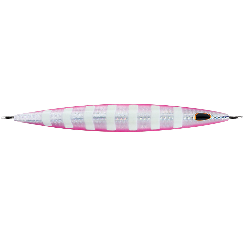 Pink striped fishing lure, chrome hooks